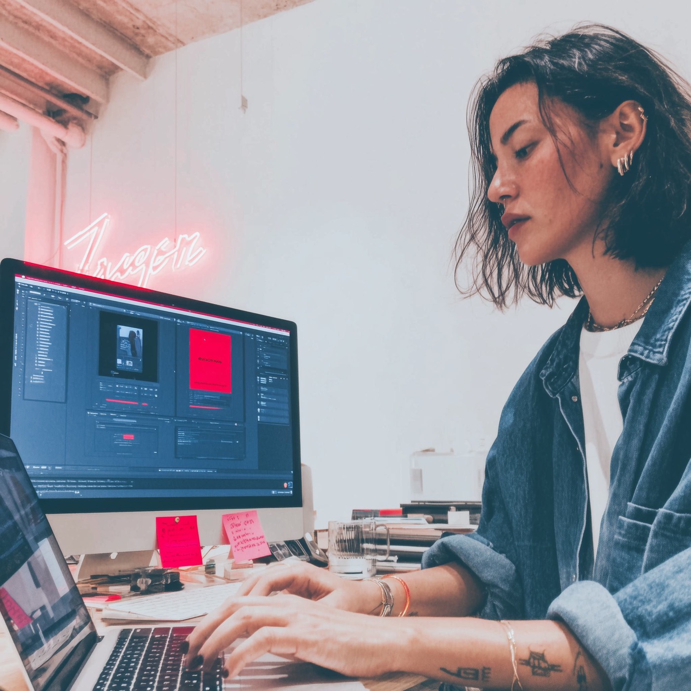Una diseñadora de BUZZ editando video en el estudio